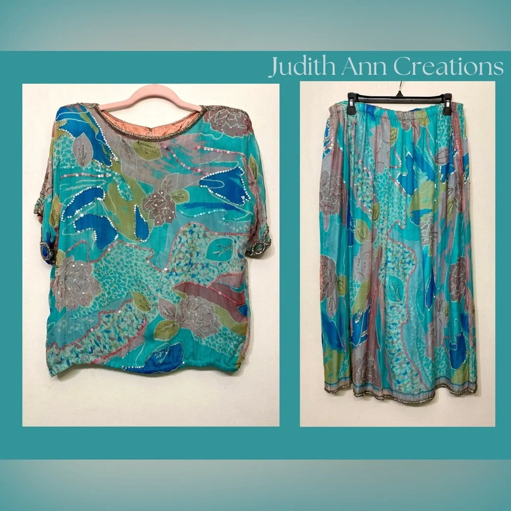 Judith Ann Creations Inc Vintage 2 Piece Silk Sequin Embellished Skirt Set Large - Picture 2 of 15